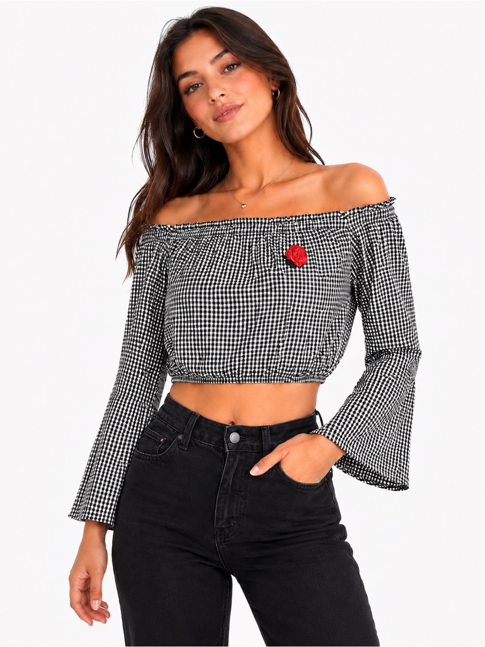 Forever 21 Black Gingham Off-Shoulder Crop Top with Red Rose Patch Bell Sleeve
